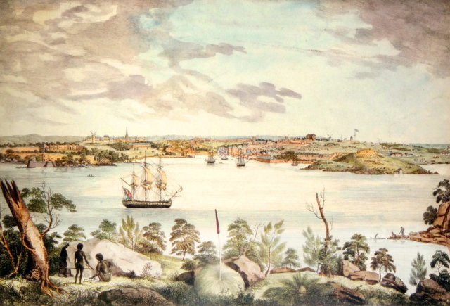 Koori people depicted on the north side of the Harbour, courtesy of State Library of NSW